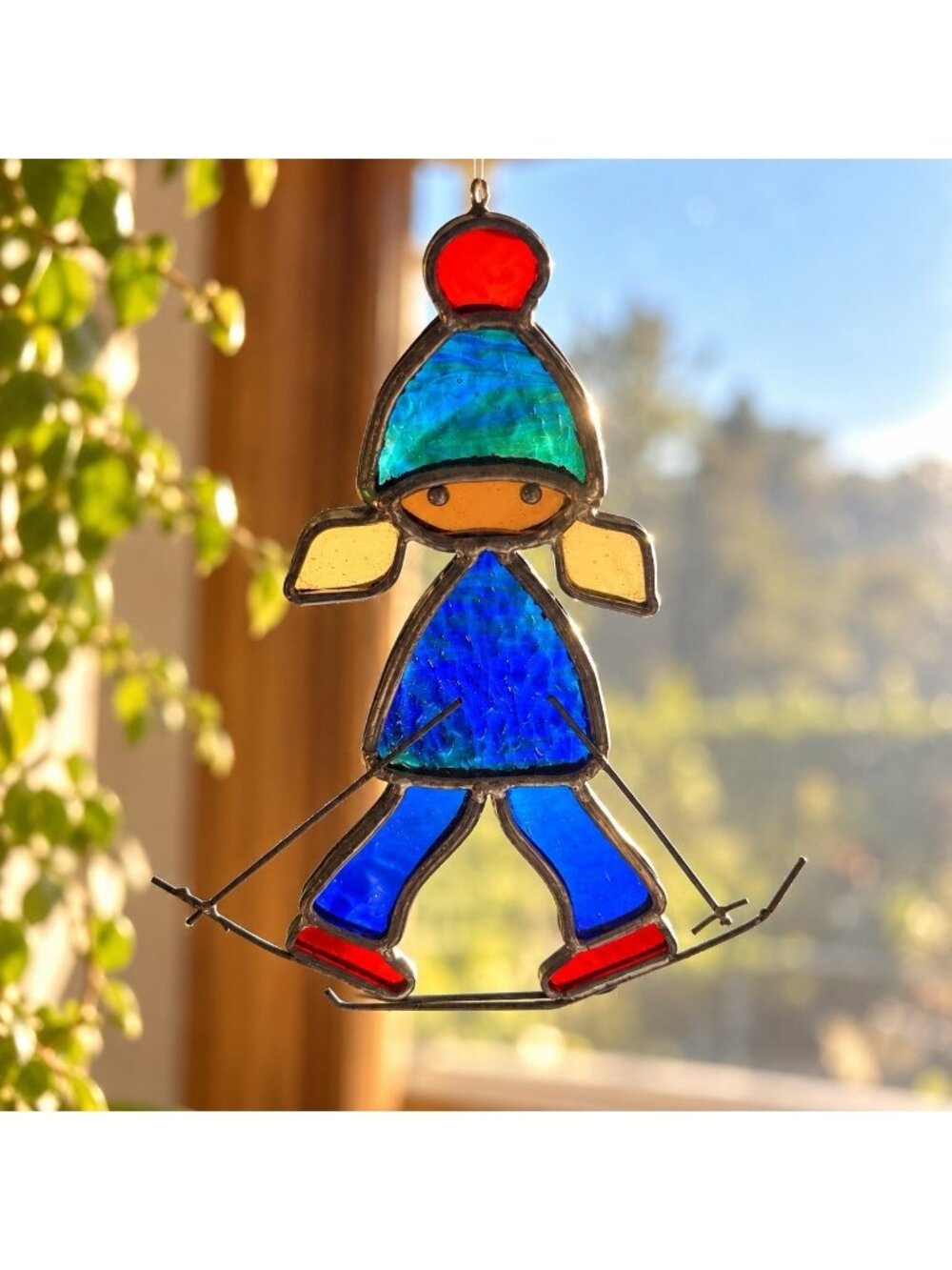 Vintage Stained Glass Skier Suncatcher Skiing Girl 7.5" Winter Hanging Decor
